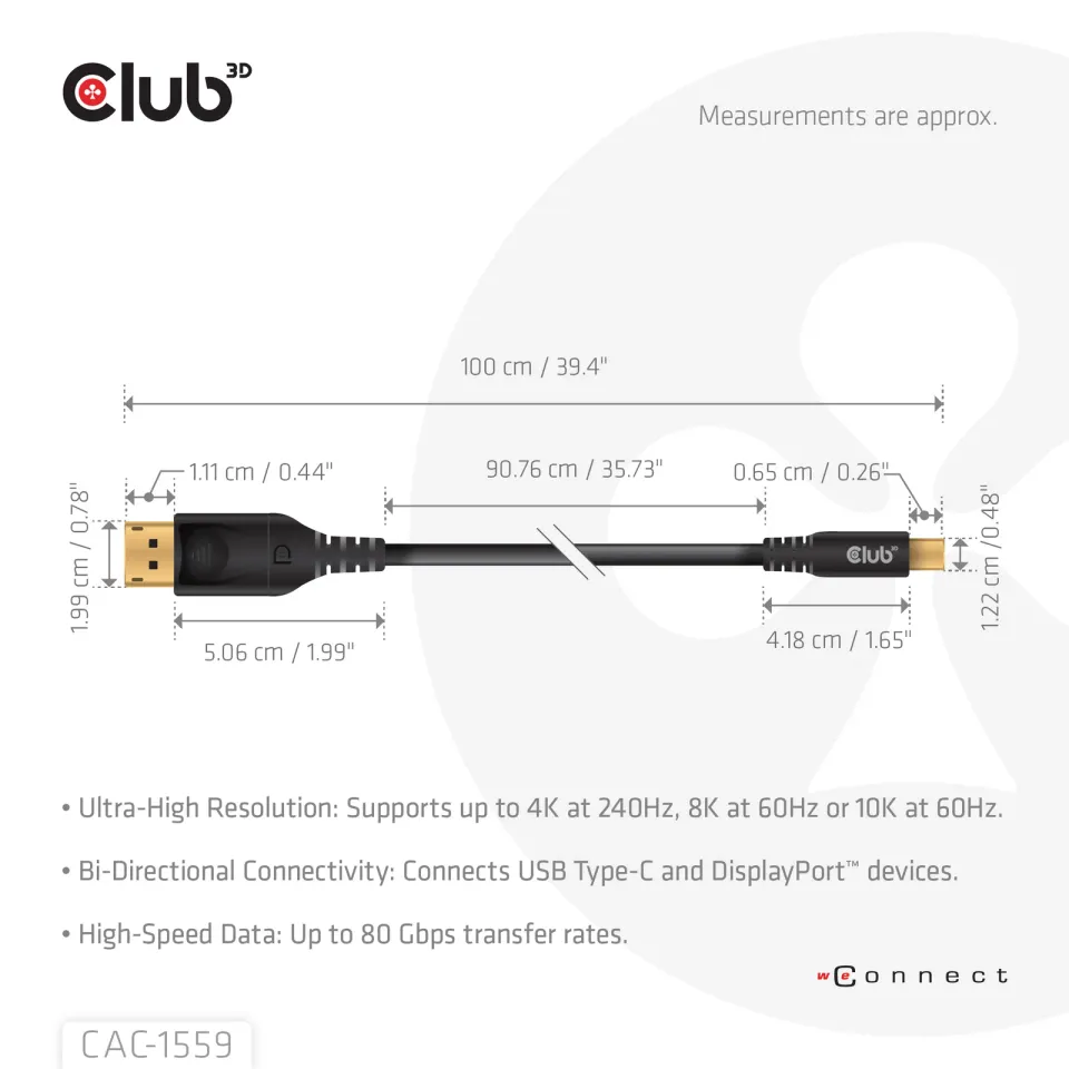Club3D Kabel USB-C na DisplayPort 2.1, 10K60Hz, DSC1.2, UHBR10, 1m