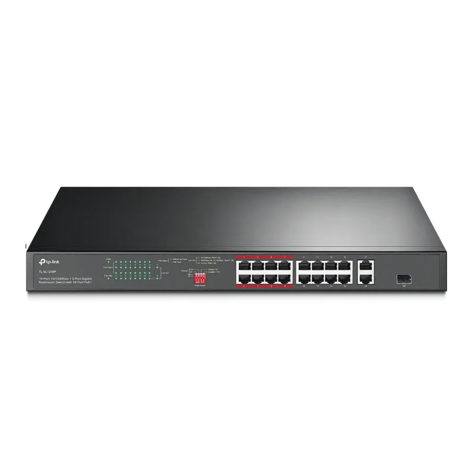 TP-Link CCTV switch TL-SL1218P (16x100Mb/s, 1xGbE uplink, 1xGbE/1xSFP combo uplink, 16xPoE+, 150W)