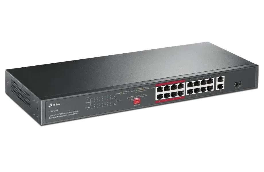 TP-Link CCTV switch TL-SL1218P (16x100Mb/s, 1xGbE uplink, 1xGbE/1xSFP combo uplink, 16xPoE+, 150W)