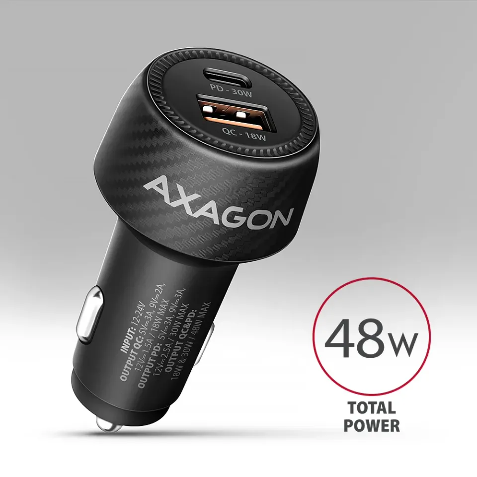 AXAGON PWC-PQ48 nabíječka do auta 48W, USB-A + USB-C, PD3.0/PPS/QC4+/SFC/Apple