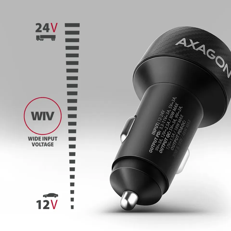 AXAGON PWC-PQ48 nabíječka do auta 48W, USB-A + USB-C, PD3.0/PPS/QC4+/SFC/Apple