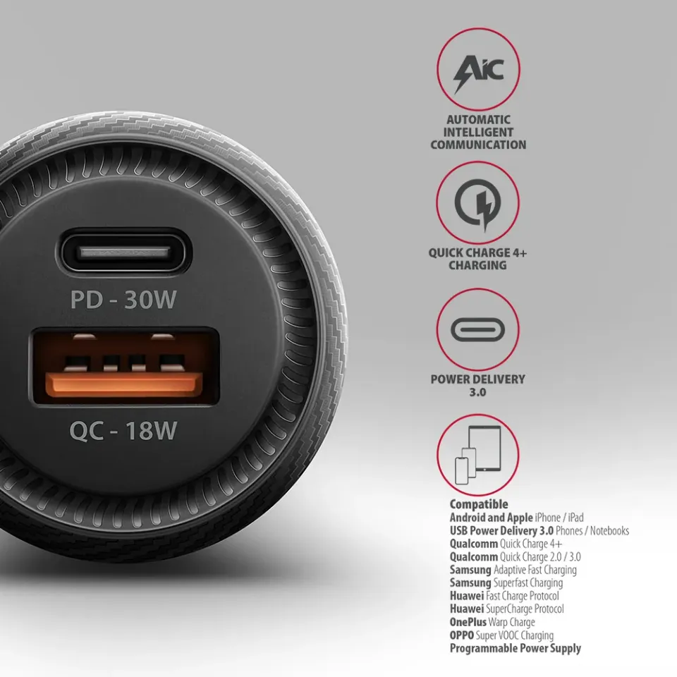 AXAGON PWC-PQ48 nabíječka do auta 48W, USB-A + USB-C, PD3.0/PPS/QC4+/SFC/Apple