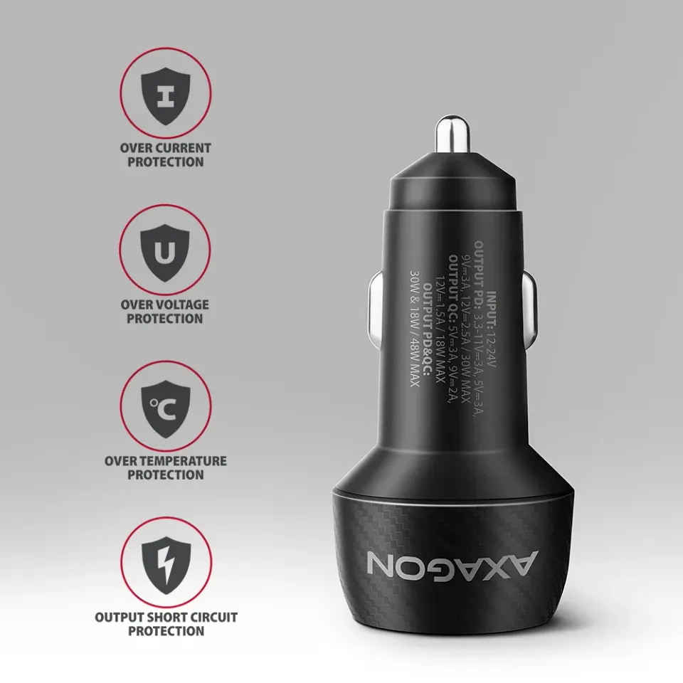 AXAGON PWC-PQ48 nabíječka do auta 48W, USB-A + USB-C, PD3.0/PPS/QC4+/SFC/Apple