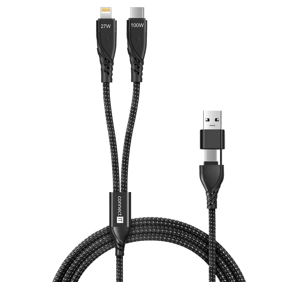 CONNECT IT Wirez 4in1 1x USB-C, 1x Lightning, 1,25 m, ČERNÝ