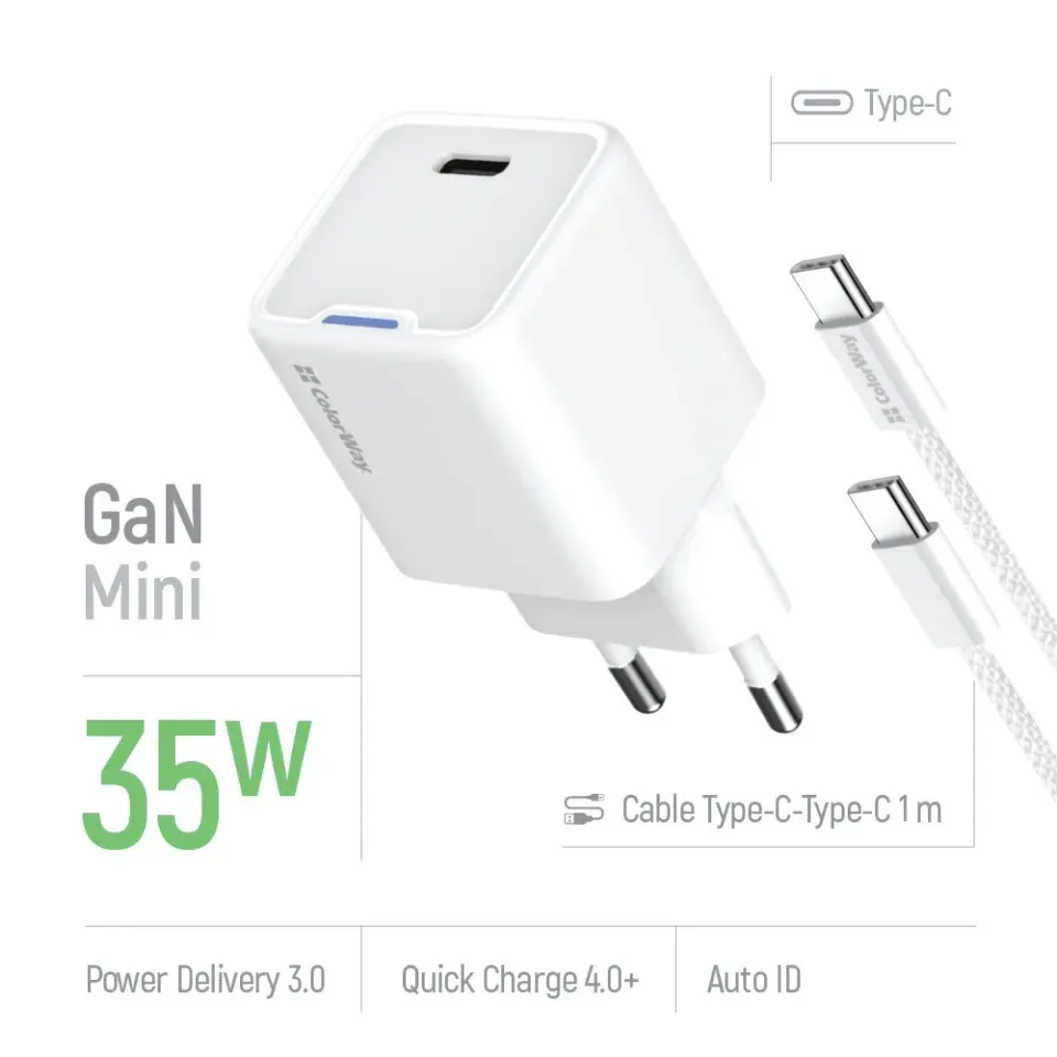 COLORWAY 1x USB-C/ síťová nabíječka/ GaN/ PD/ PPS/ 35W/ Včetně 100cm kabelu/ Bílá