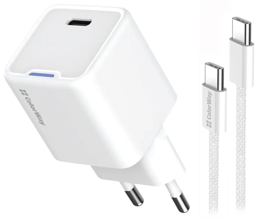 COLORWAY 1x USB-C/ síťová nabíječka/ GaN/ PD/ PPS/ 35W/ Včetně 100cm kabelu/ Bílá