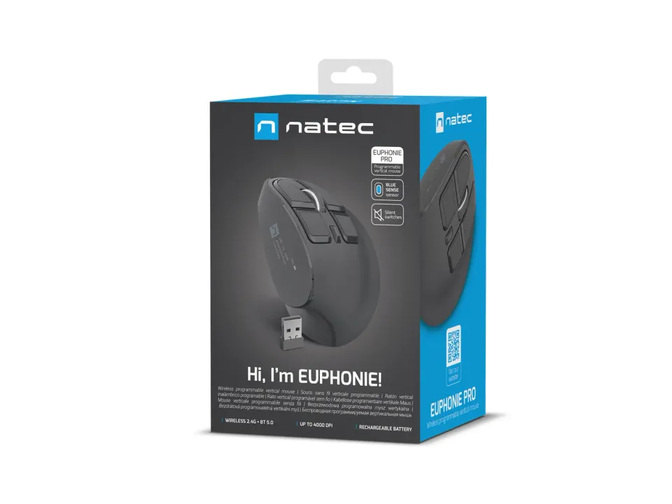 Vertikální bezdrátová myš Natec EUPHONIE PRO/Vertikální/Blue Sense/Pro praváky/2 400 DPI/USB+BT/Čern