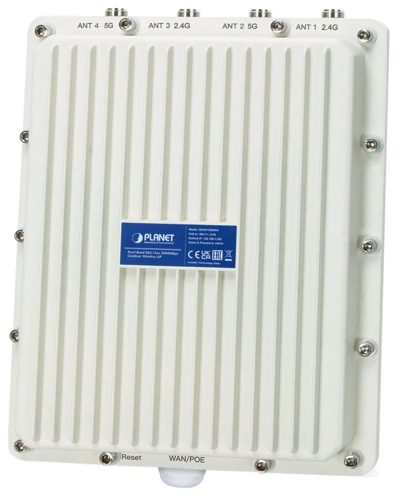 Planet WDAP-3000AX venkovní AP, 1GbE, Dual Band 802.11ax (3Gb/s), 4x N, PoE+ 802.3at, VLAN, 256 klientů, -40~70°C, IP67