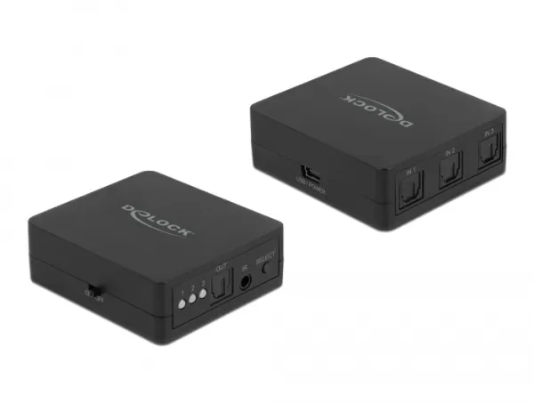 Delock Přepínač S/PDIF TOSLINK 3 v 1 výstup s infračerveným dálkovým ovládáním a