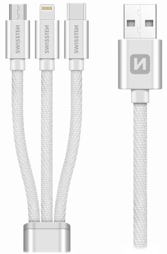Swissten Datový kabel 3in1 MFi, 1,2 m, textilní, (micro USB, USB-C, Lightning) stříbrný