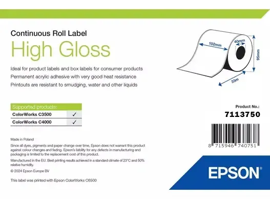 High Gloss Label, Cont Roll, 102mm x 33m