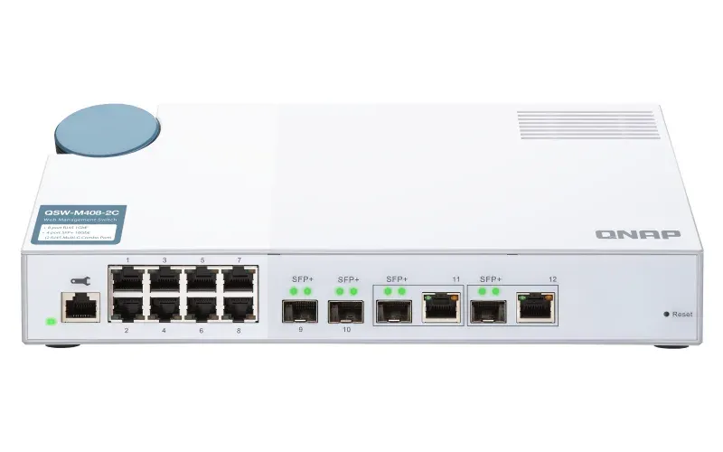 QNAP řízený switch QSW-M408-2C (12portů: 8x Gigabit port + 4x 10G SFP+ /2x 10GbE kombo porty)