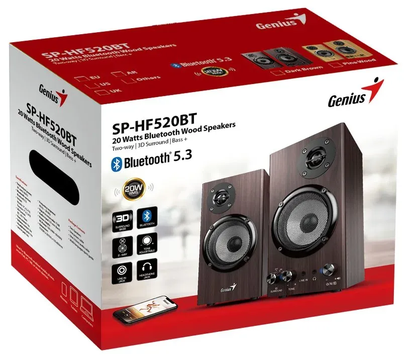 GENIUS Reproduktor SP-HF520BT, BT, 3.5mm jack, 20W, tmavé dřevo
