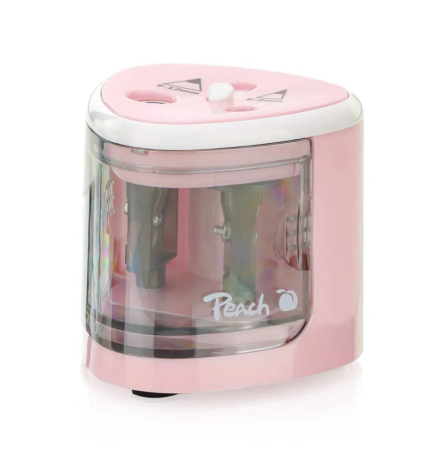 PEACH PO102 - elektrické ořezávátko na tužky, 4xAA, dětský zámek, růžové