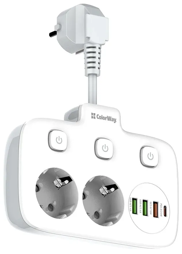 COLORWAY Prodlužovací napájecí přívod/ 2x Schuko/ 3x USB-A/ 1x USB-C / kabel 2,5cm