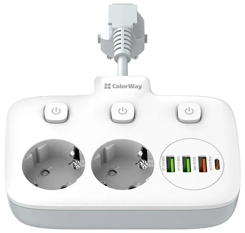 COLORWAY Prodlužovací napájecí přívod/ 2x Schuko/ 3x USB-A/ 1x USB-C / kabel 2,5cm