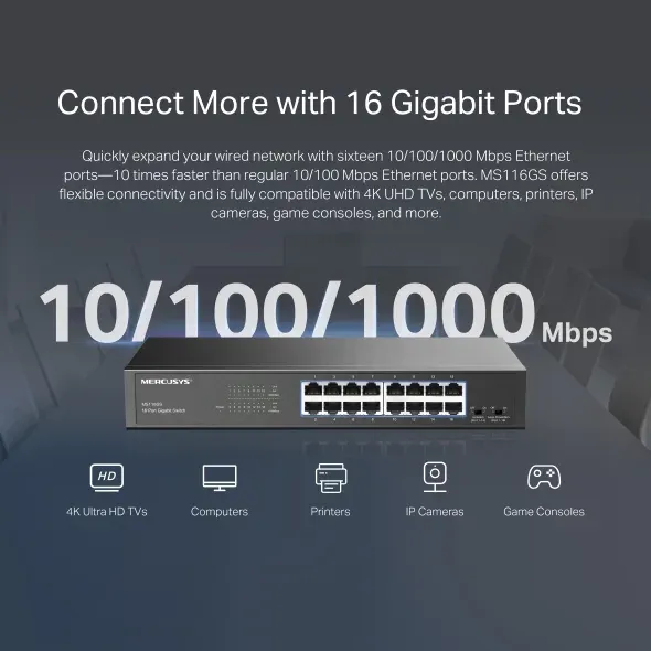 Mercusys MS116GS - 16portový gigabitový stolní/stojanový switch
