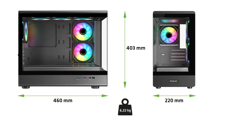 EVOLVEO Ursus, skříň mATX, 6x ARGB ventilátor 120mm, skleněná bočnice + přední p