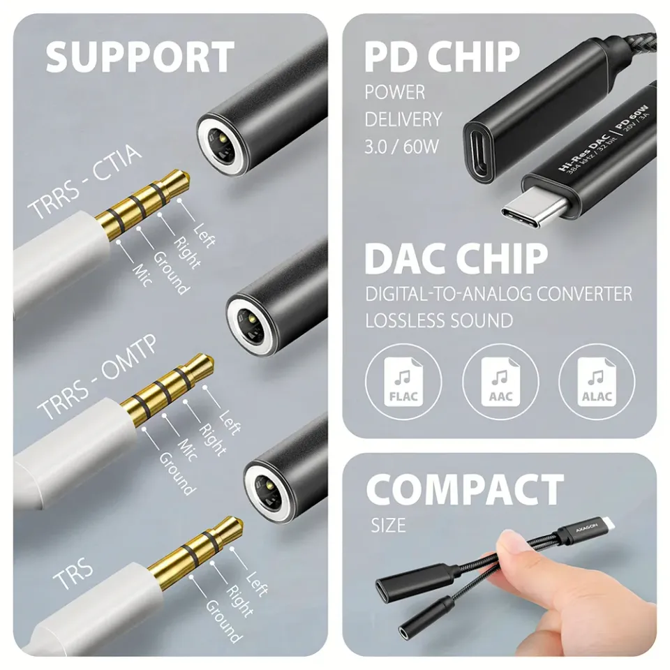 AXAGON ADA-HCPD, USB-C na 3.5mm jack - Hi-Res DAC audio adaptér, 384kHz/32bit, s