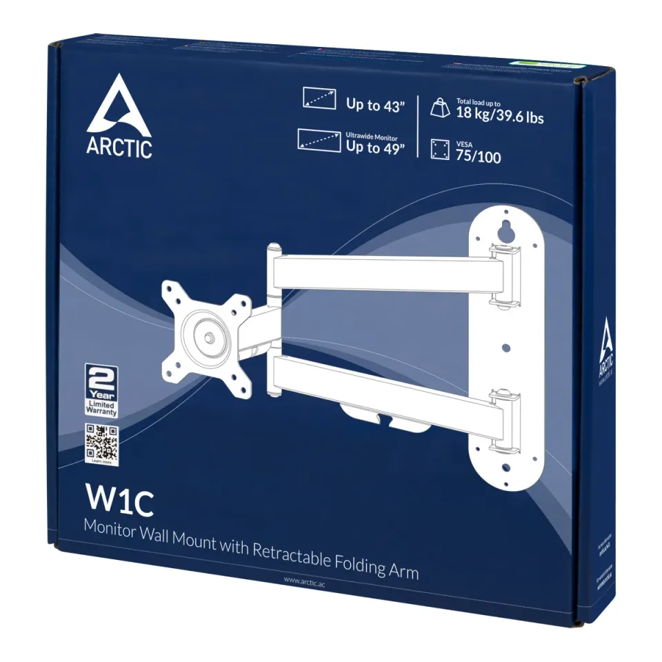 ARCTIC W1C sklopný nástěnný držák pro LCD monitor do 49", VESA 75/100, do 18 kg,
