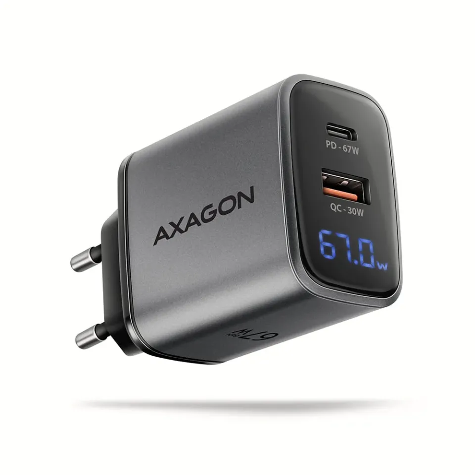 AXAGON ACU-PQ67D GaN nabíječka do sítě 67W, USB-A + USB-C, PD3.0/PPS/QC4+/SFC2.0
