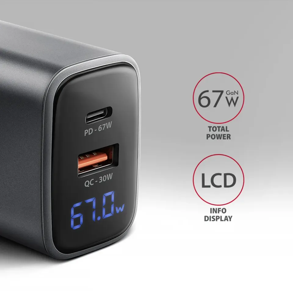 AXAGON ACU-PQ67D GaN nabíječka do sítě 67W, USB-A + USB-C, PD3.0/PPS/QC4+/SFC2.0