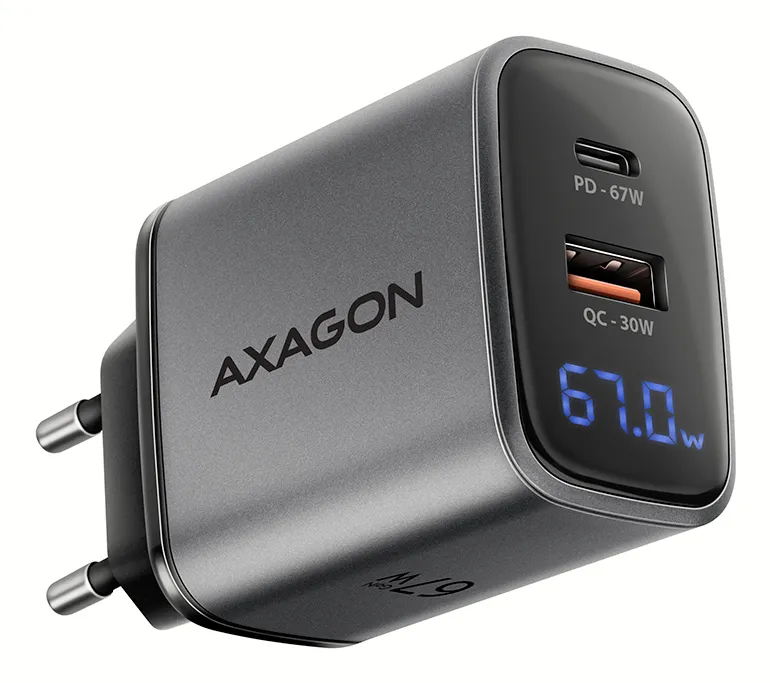 AXAGON ACU-PQ67D GaN nabíječka do sítě 67W, USB-A + USB-C, PD3.0/PPS/QC4+/SFC2.0