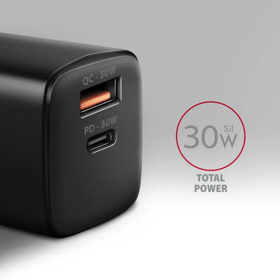 AXAGON ACU-PQ30 Sil nabíječka do sítě 30W, 2x port (USB-A + USB-C), PD3.0/PPS/QC