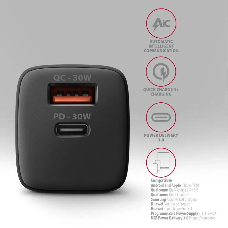 AXAGON ACU-PQ30 Sil nabíječka do sítě 30W, 2x port (USB-A + USB-C), PD3.0/PPS/QC