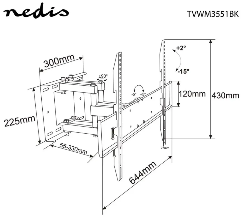 NEDIS nástěnný TV držák/ 37 - 80"/ nosnost 35 kg/ náklon 15°/ otočný 0 - 180°/ Full Motion/ ocel/ černý