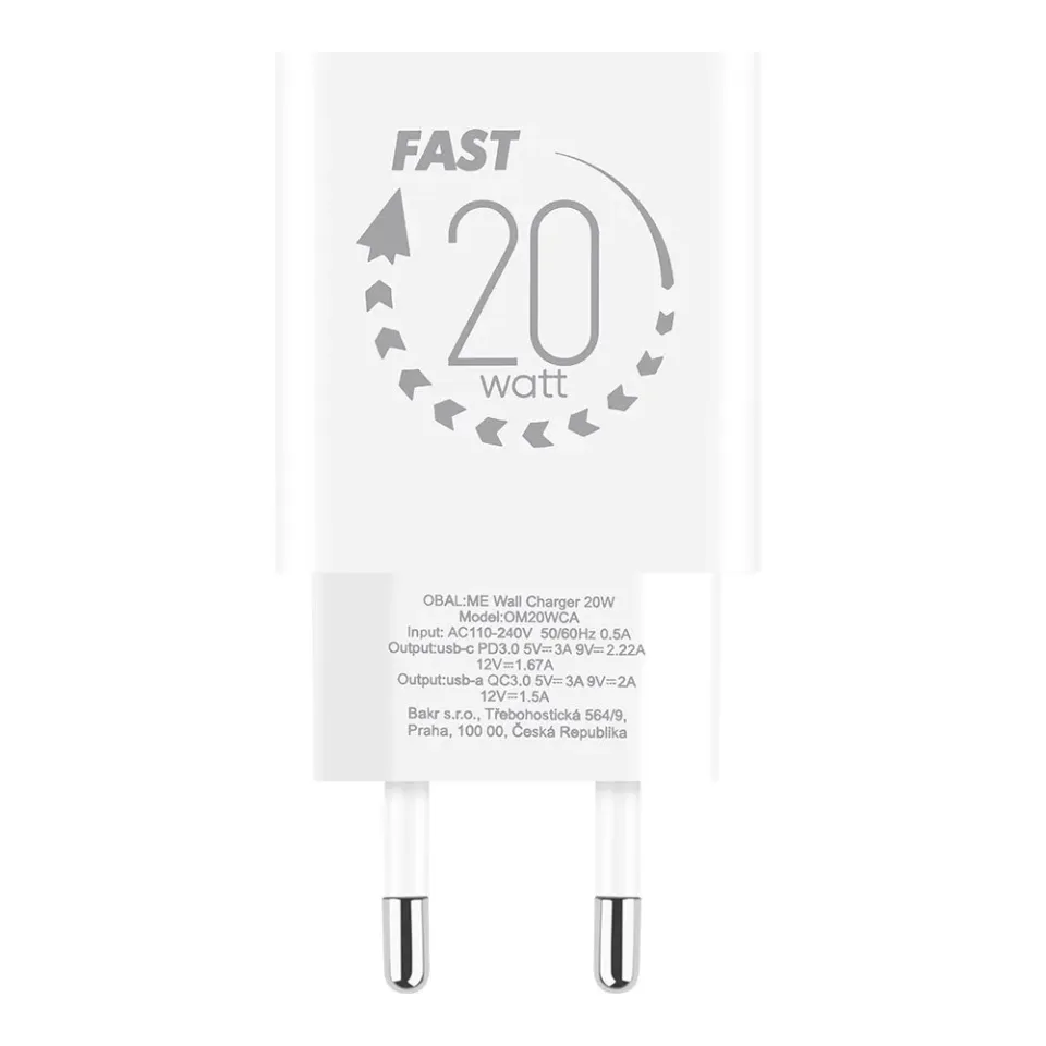 OBAL:ME Cestovní Nabíječka USB-A + USB-C 20W + 2x kabel 1m White