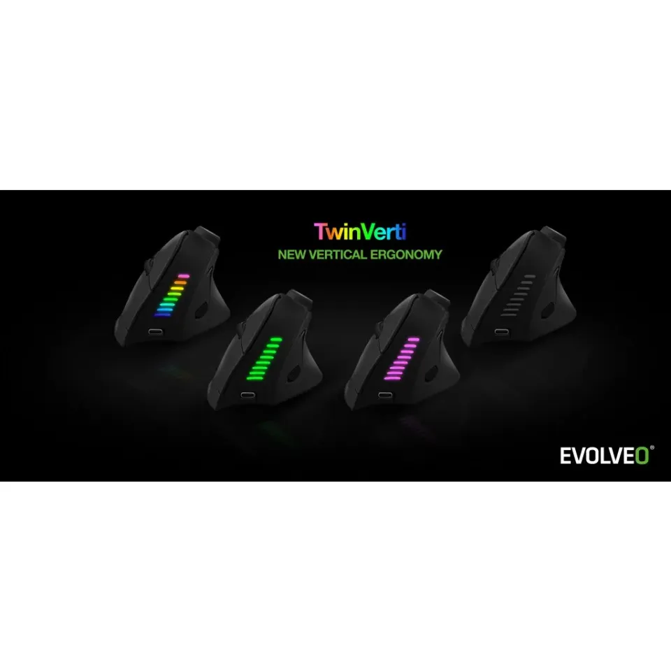 EVOLVEO TwinVerti, bezdrátová vertikální ergonomická myš, podsvícená,tichá, 2.4G