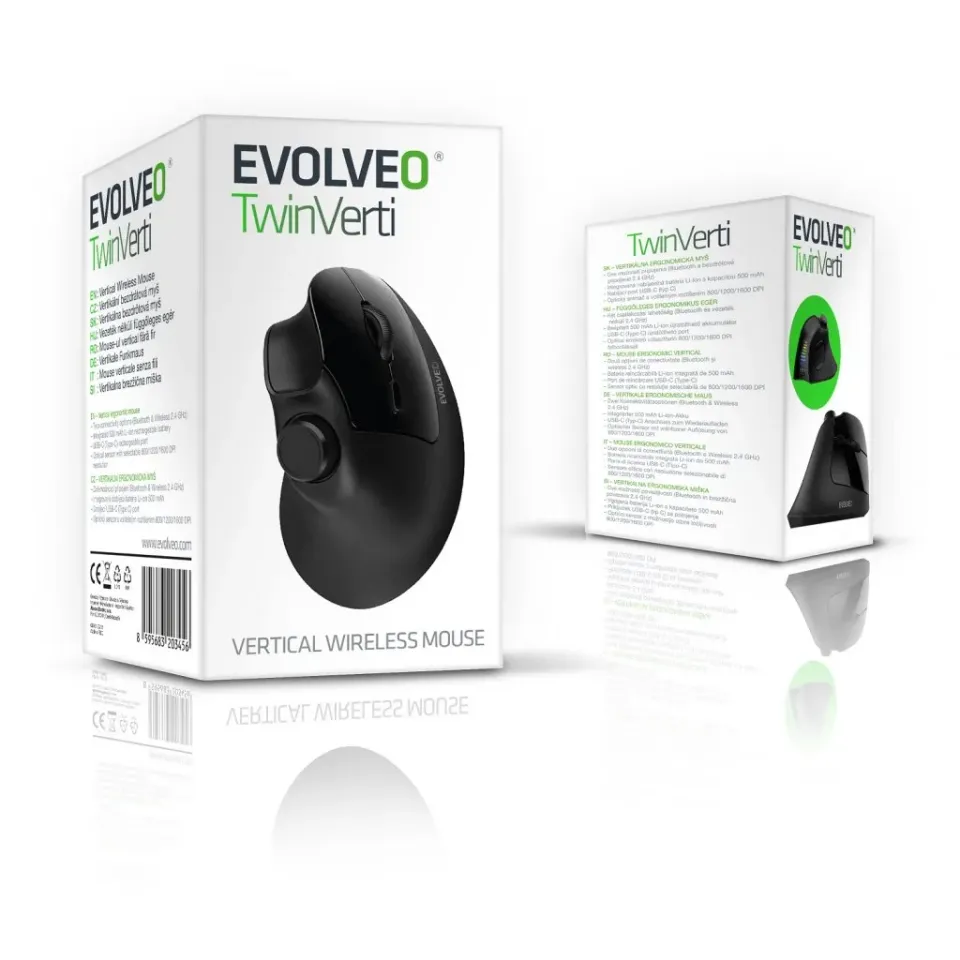 EVOLVEO TwinVerti, bezdrátová vertikální ergonomická myš, podsvícená,tichá, 2.4G