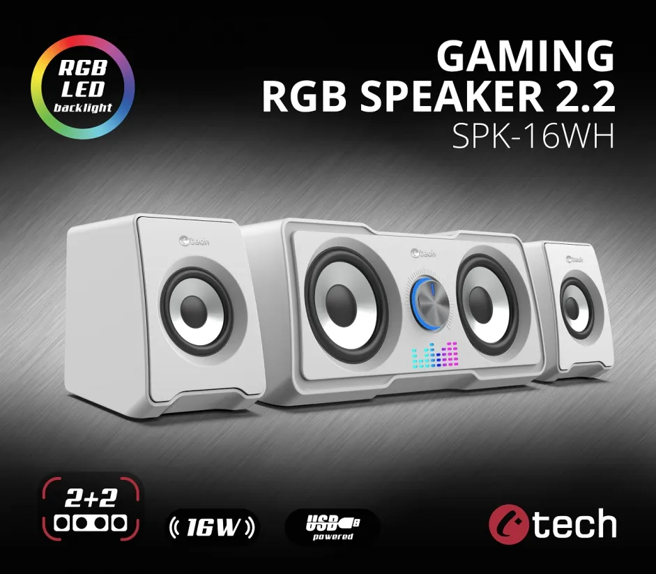 C-TECH reproduktory SPK-16, 2.2, 16W, RGB podsvícení, 3,5mm jack, USB napájení, (SPK-16WH)