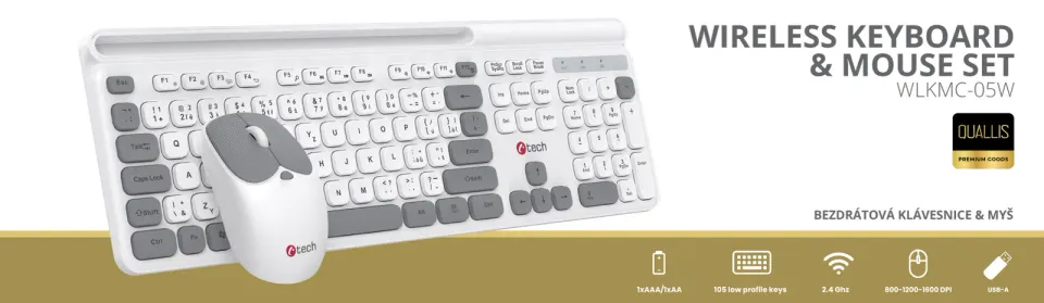 C-TECH WLKMC-05W Quallis, bezdrátový set klávesnice s myší,odkládací prostor,USB