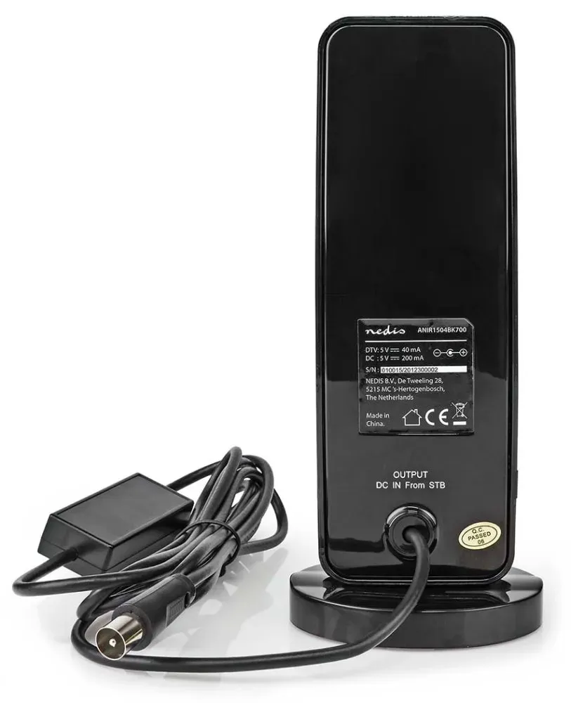 NEDIS aktivní pokojová DVB-T/T2 anténa/ FM / UHF / VHF/ rozsah příjmu 0-15 km/ LTE700/ zesílení 28 dB/ ABS/ černá