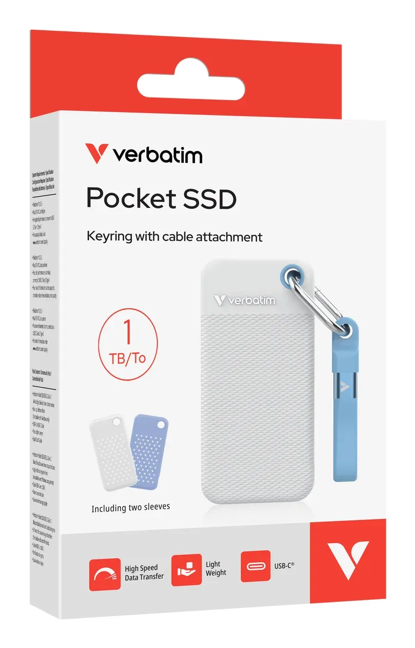VERBATIM Pocket SSD 1TB, USB-C 3.2 Gen 2, bílá/modrá + 2x gumový obal
