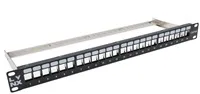 LYNX Patch panel, 19'', 24 portů, 1U, Cat5e/6/6A/7, neosazený, stíněný, vyvazovák, černý