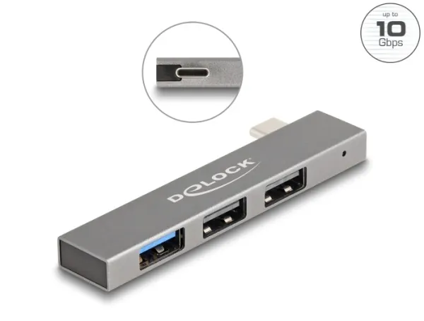 Delock 3 portový štíhlý USB Hub z USB Type-C na 1 x USB 10 Gbps USB Typ-A + 2 x