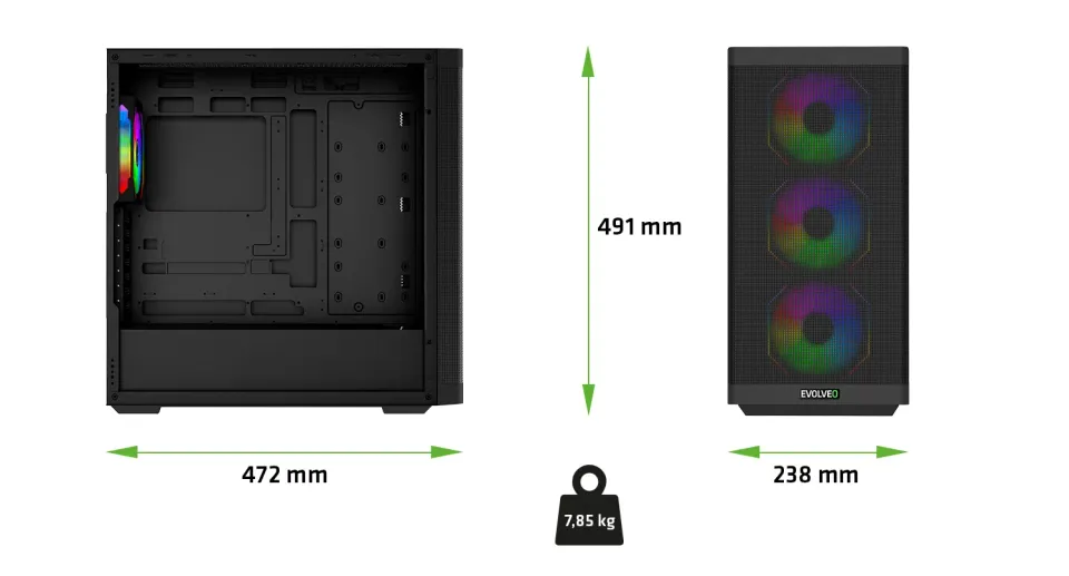 EVOLVEO Scorpio, skříň eATX/ATX, 4x ARGB ventilátor 120mm, boční panel temperova