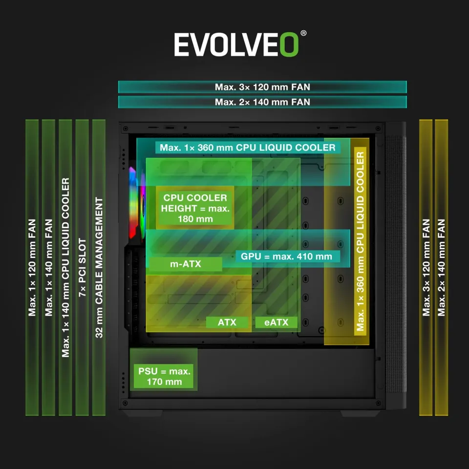 EVOLVEO Scorpio, skříň eATX/ATX, 4x ARGB ventilátor 120mm, boční panel temperova