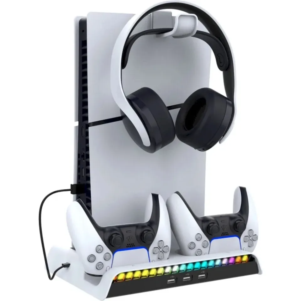 iPega P5S006 Multifunkční Nabíjecí RGB Stojan s Chlazením pro PS5 Slim White