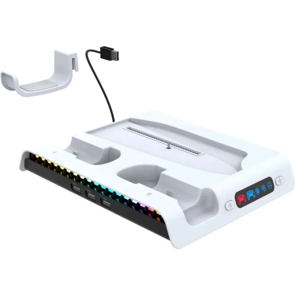 iPega P5S006 Multifunkční Nabíjecí RGB Stojan s Chlazením pro PS5 Slim White