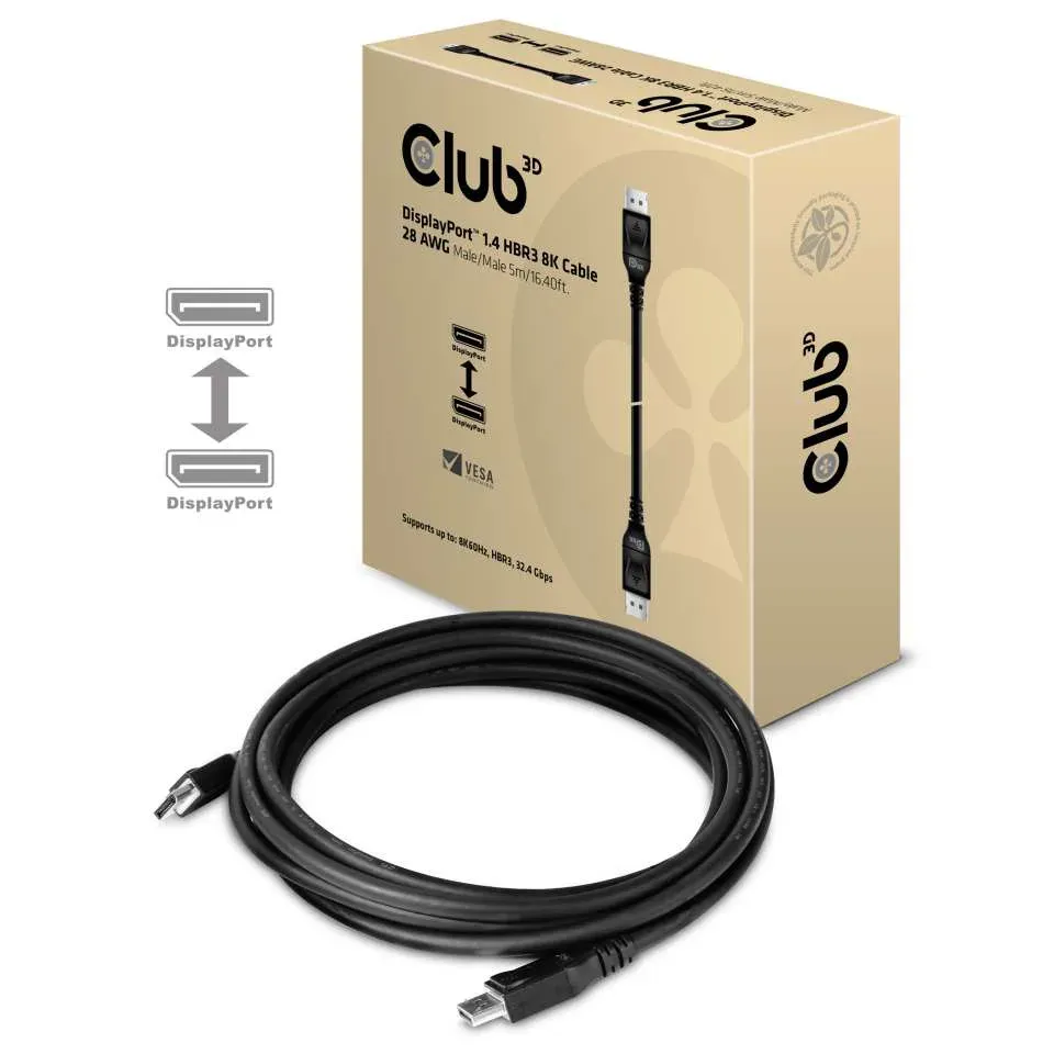 Club3D Kabel certifikovaný DisplayPort 1.4, HBR3, 8K60Hz (M/M), 5m, 28 AWG