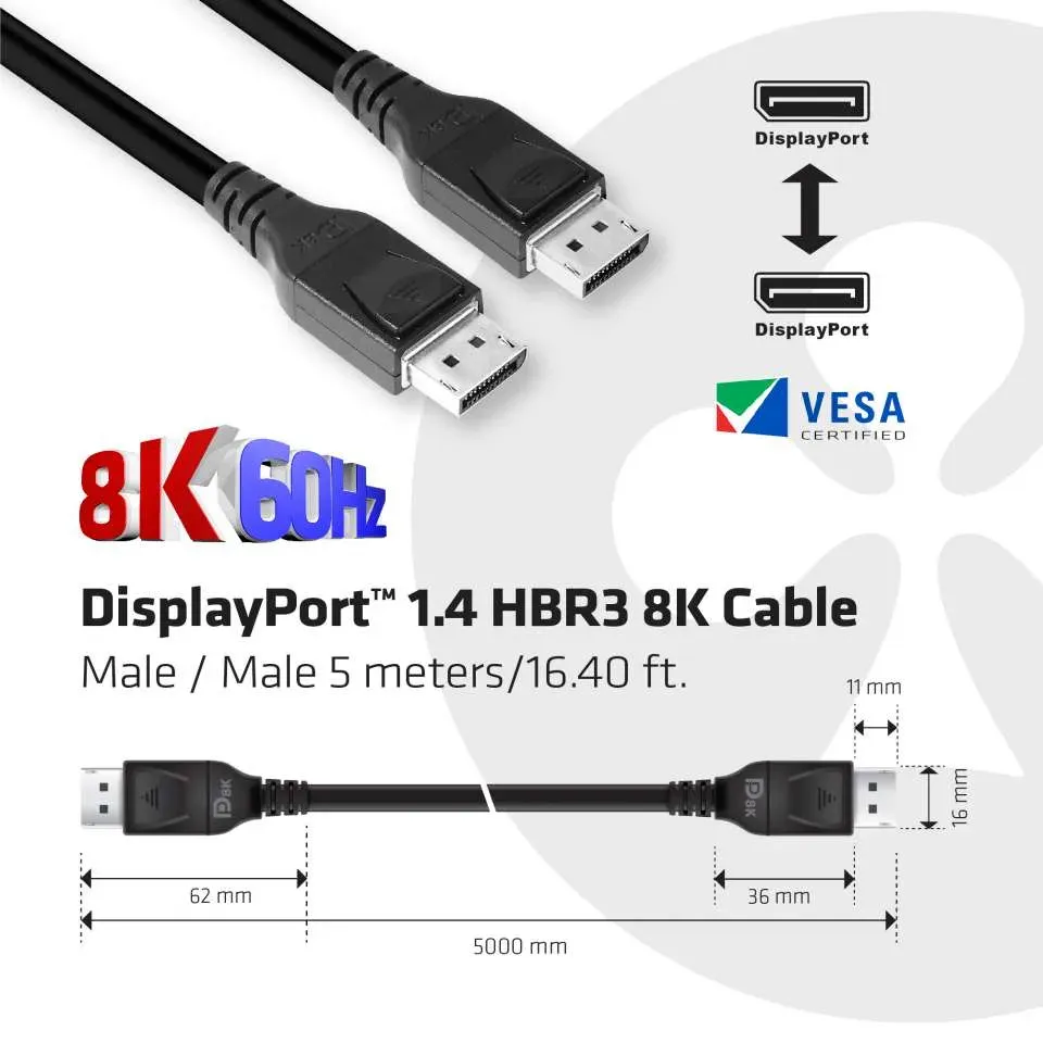 Club3D Kabel certifikovaný DisplayPort 1.4, HBR3, 8K60Hz (M/M), 5m, 28 AWG