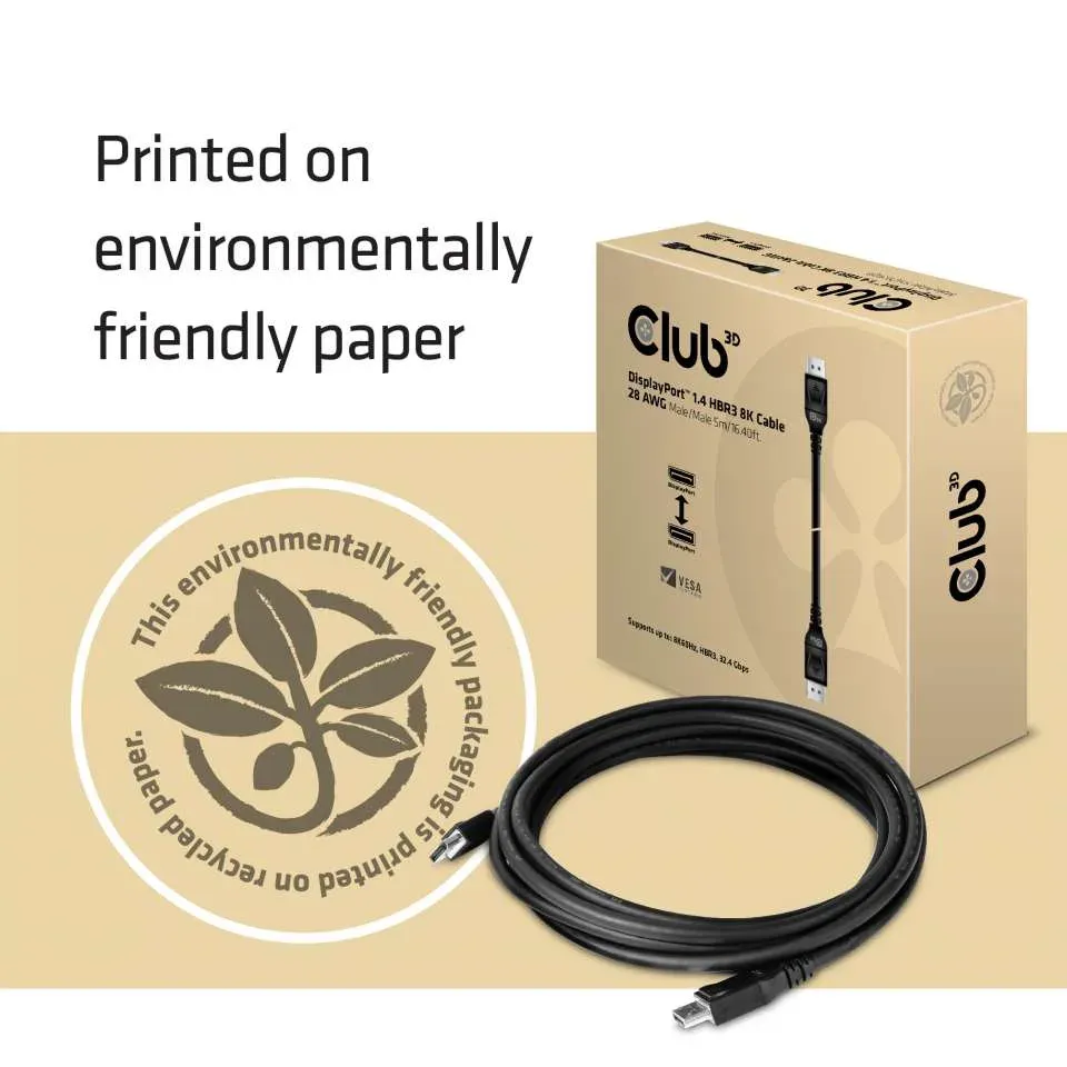 Club3D Kabel certifikovaný DisplayPort 1.4, HBR3, 8K60Hz (M/M), 5m, 28 AWG