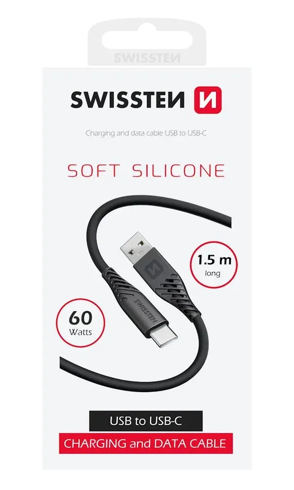 Swissten Datový kabel SOFT SILICONE USB / USB-C 1,5 M 60W ČERNÝ