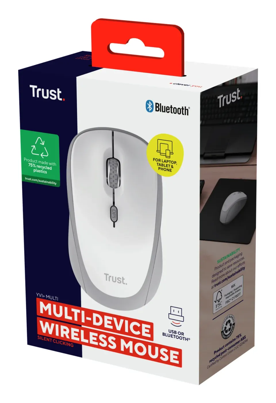 TRUST Myš YVI+, Bezdrátová, Eco, bílá - bluetooth + wifi