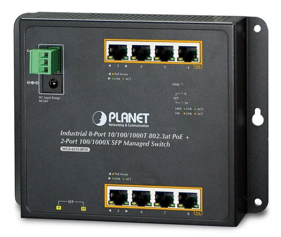 OPRAVENÉ - Planet WGS-4215-8P2S nástěnný PoE switch 8x1000B-T,2x SFP, Web/SNMP, 802.3at <200W,-40~75°C, fanless