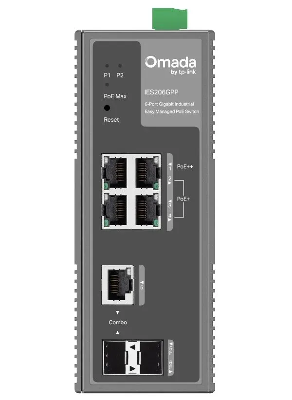 TP-LINK IES206GPP Omada 6portový gigabitový průmyslový Easy Managed Switch s 3 porty PoE+ a 1 portem PoE++